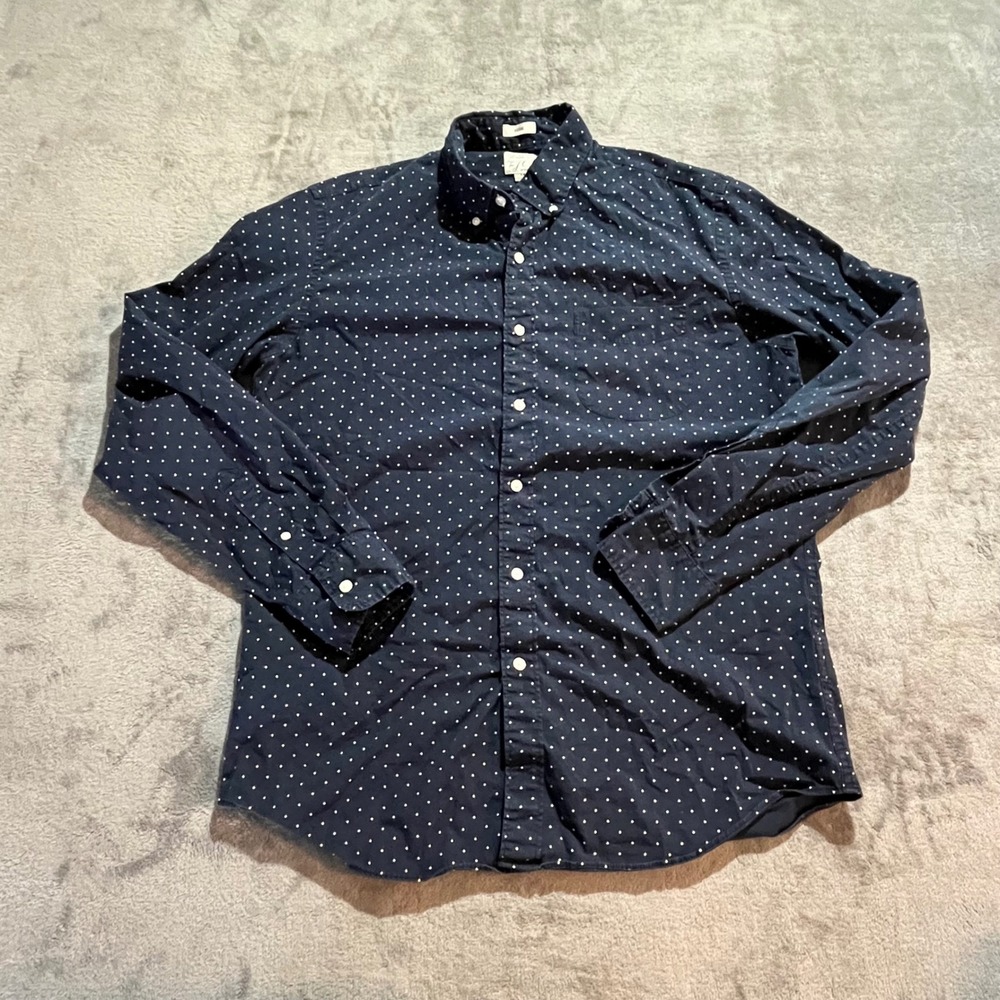 J.Crew Button Down Shirt Mens Medium Blue Polka Dot Secret Wash Slim AA432